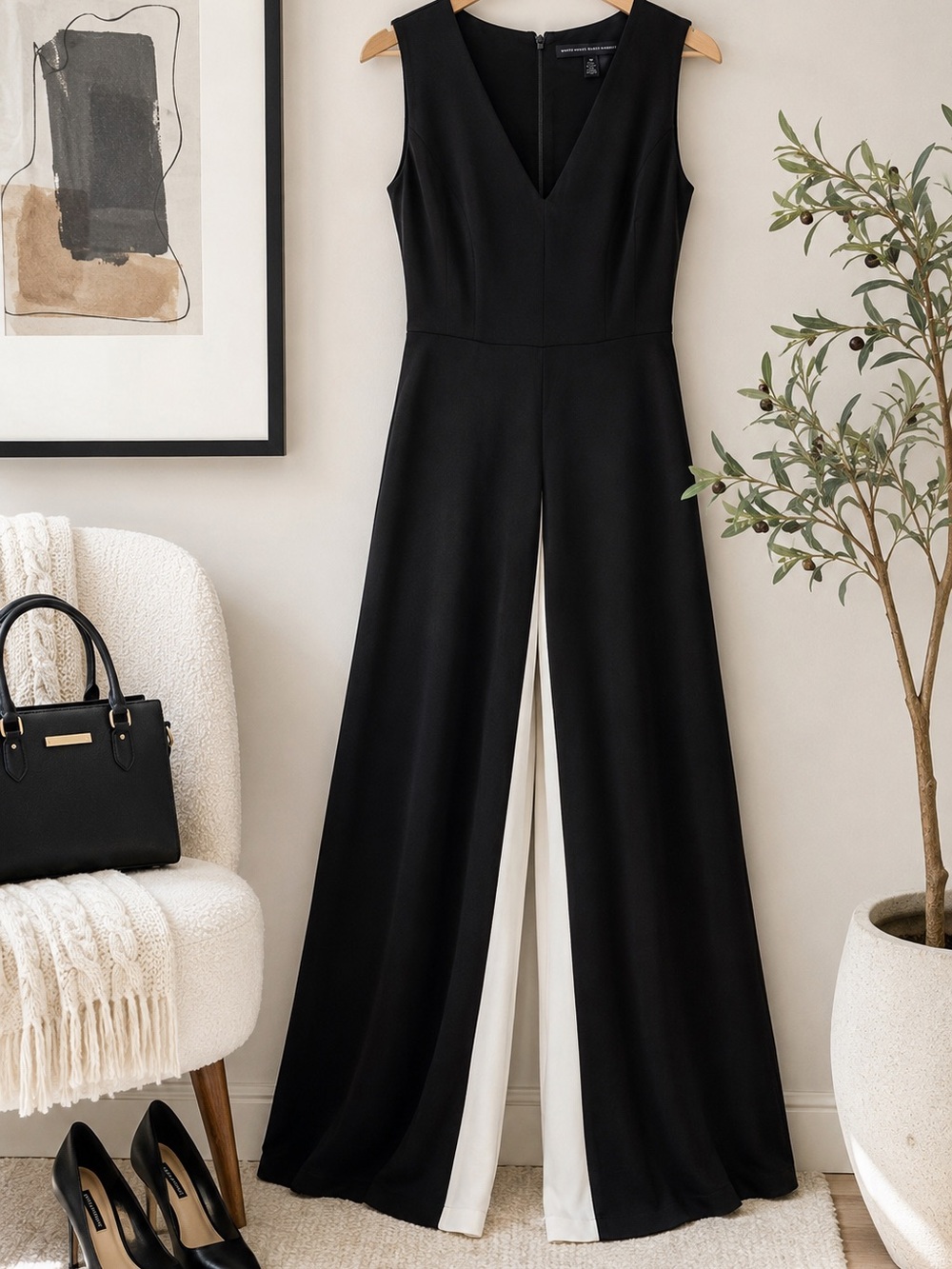 White House Black Market Black White Colorblock Wide Leg Jumpsuit Size 00